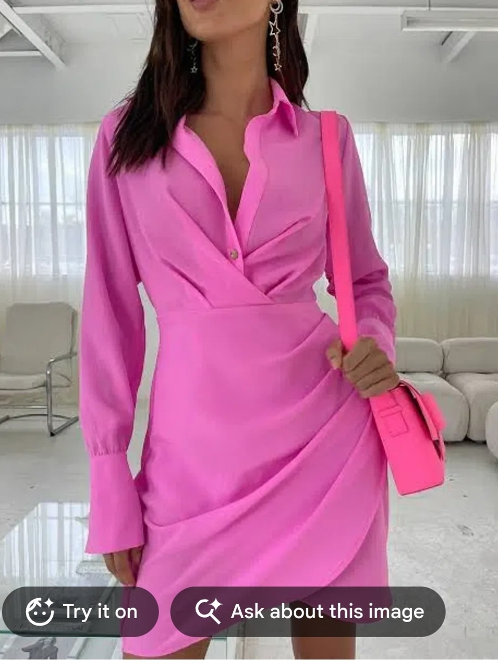 SHEIN Hot Pink Long-Sleeve Wrap Shirt Dress